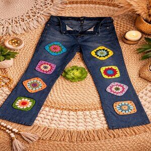 Y2K Boho Patchwork Jeans | Crochet Granny Square Denim | Festival Nine West S 12